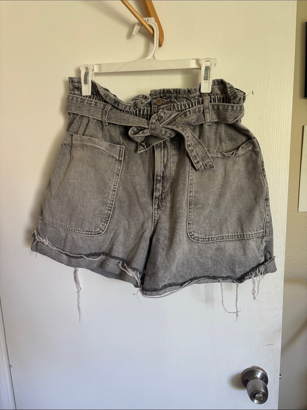 Zara Washed Gray Paperbag Denim Shorts with Tie Belt